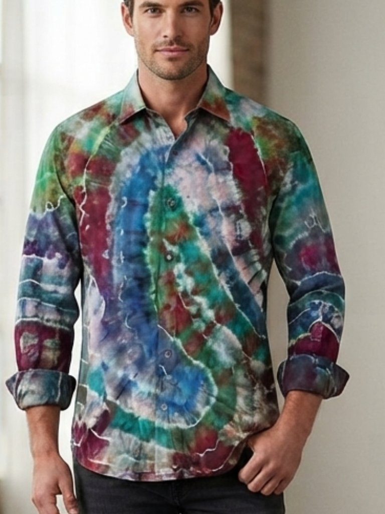 Isaia Napoli Geode Tie Dye Shirt Neck Size 16.5 Size Extra Large Green Dress